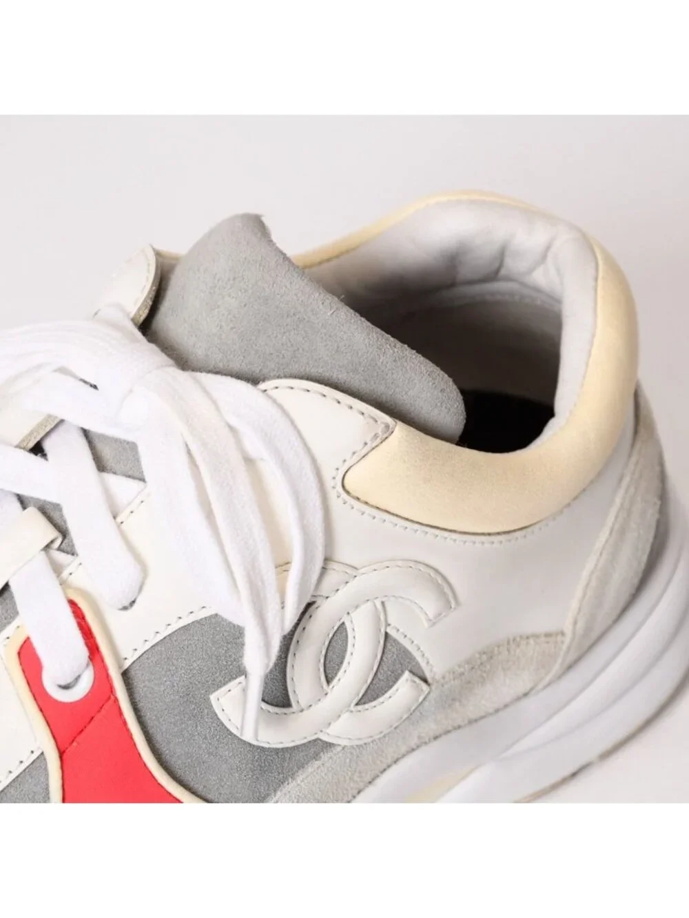 Chanel CC Logo Suede Sneakers White Gray